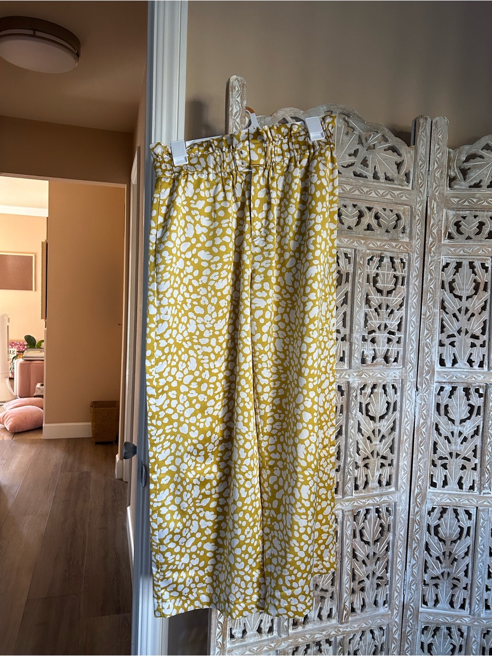 Lulu's Yellow and White Cow Print Satin Paper bag Waist Pants